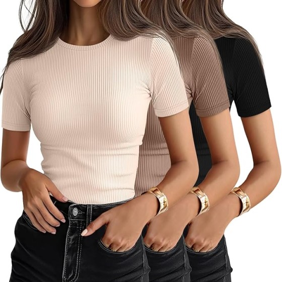Ficerd 3-piece women's ribbed T-shirt, cotton short-sleeved basic T-shirt with round neckline, fitted top, casual shirt. Summer fashion in 2026.